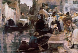 ""Wedding in Venice"" ゴンドラに乗る新婚夫婦。 アレッサンドロ・ミレシ (1856-1945) 1897 ローマの絵画。 国立近代美術館 作： Alessandro Milesi