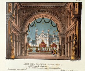 ブルターニュのモントリーノ城の前庭 1829年にスカラ座で上演された、ヴィンチェンツォ・ベリーニのオペラ「ラ・ストラニエラ」（1828年）の舞台背景。アレッサンドロ・サンキリの「Raccolta di invenzioni sceniche」（1830年）のリトグラフ。 作： Alessandro Sanquirico