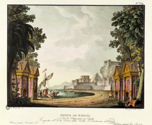 ローマ陣営の眺め イタリア人振付師ジョヴァンニ・ガルツェラーニ（1780-1865）のバレエ「エギットのオッタビアーノ」のシナリオ（1828年）。アレッサンドロ・サンキリコ（1777-1849）の1830年の風景画の発明の記録」のリトグラフ。ミラノのプライベートC 作： Alessandro Sanquirico
