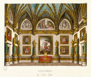 絵画ギャラリーの風景 イタリアの作曲家ジュゼッペ・サヴェリオ・ラファエレ・メルカダンテ（1795-1870）によるオペラ「イ・デュー・フィガロ」のためのシナリオ、オノレ・フランソワ・リショーの作品「二人のフィガロ、または喜劇の主題」（1794）の後に 作： Alessandro Sanquirico