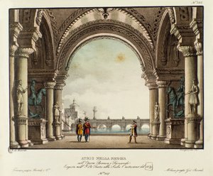王宮の大広間の眺め ヴィンチェンツォ・ベリーニ（1826年）のオペラ「ビアンカ・エ・フェルナンド」が1829年に上演された際のシナリオです。アレッサンドロ・サンキリコ（1777-1849）の1830年の風景画の発明の記録」のリトグラフ。ミラネーゼ・プライベート 作： Alessandro Sanquirico