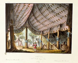 ジンギスカンの王宮天幕の様子 イタリア人振付師ジョヴァンニ・ガルゼラーニ（1780-1865）によるバレエ「ジンギスカン」のシナリオ（1828年）。アレッサンドロ・サンキリコ（1777-1849）の1830年の風景画の発明の記録」のリトグラフ。ミラネーゼ・プライベート 作： Alessandro Sanquirico