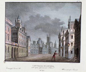 ロンドン郊外の風景 カルロ・ポンティ作のオペラ「ジョヴァンナ・ショア」（ジャンヌ・ショア）を表現するための風景画（1829年）。Raccolta di invenzioni sceniche del 1830 di Alessandro Sanquirico (1777-1849) "のリトグラフ。ミラノの個人コレクション 作： アレッサンドロ・サンキリコ