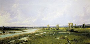 ベッルーノのピアヴェ川床で狩りをするアレッサンドロ・セッファー（1832-1905）の絵画、油彩・キャンバス 作： Alessandro Seffer Guerra