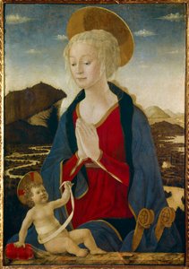 聖母には子供がいます。 どちらも金色の後輪をつけています。 Alessio Baldovinetti (1425-1499) による木に絵を描く 15 世紀の Sun。 1,06x0,75メートル