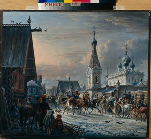 ロシアの郵便そり (トロイカ) が冬に通りを循環し、途中で住民に挨拶する (郵便馬車のある通り) - Alexander Osipovich Orlowski (1777-1832) による絵画
