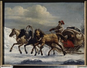 トロイカ (3 頭の馬が引くそり)。 Alexander Osipovich Orlowski（1777-1832）による絵画、金属に油彩 作： Alexander Orlowski