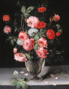 ガラスの花瓶の花のある静物