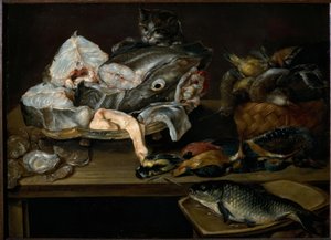 魚、シーフード、家禽、猫のある静物