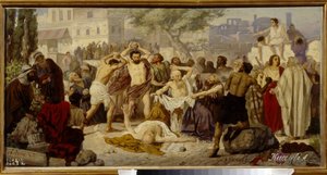 裁判官の投石 - アレクサンダー・アレクセイヴィッチ・キセレフ作（1855年-1918年以降）、キャンバスに油彩 作： Alexander Alexeyevich Kiselev