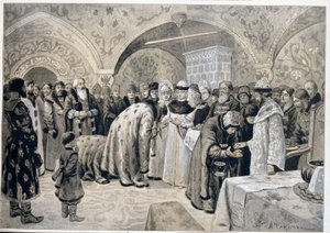 イースターのマチネーの後の皇后のレセプション。 Alexander Andreyevich Chikin (1865-1924) の作品、リトグラフ。 ロシア美術 作： Alexander Andreyevich Chikin
