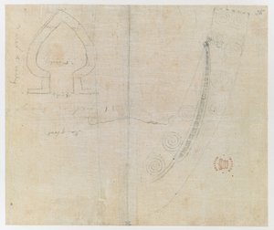 クック船長の最初の航海を示す、インドのインクで描かれた「Drawings」からのボートのスケッチの詳細 作： Alexander Buchan
