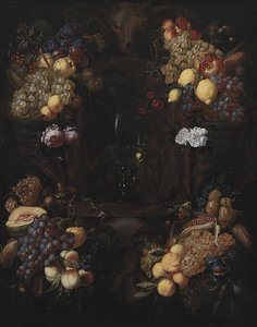 フルーツの花輪とワイングラスのカルトゥーシュ 作： Alexander Coosemans