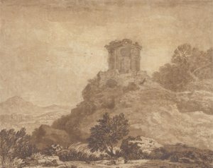 廃墟の寺院のある風景、1756年頃（グラファイトと紙で洗う） 作： アレクサンダー・コゼンス