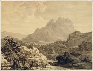 山岳風景、c.1780（茶色の地面で準備された紙に灰色と茶色のウォッシュ）