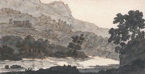 廃墟のある川と山