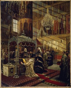 非常に平和な皇帝 (1629-1676) として知られるロシアの皇帝アレクシス 1 世ミハイロヴィチと、モスクワ大都市フィリップ 1 世の棺に横たわるニコン総主教 (1605-1681) 、メトロポリタン