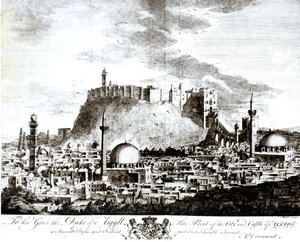 1754年、シリアの都市と城のアレッポのビュー 作： Alexander Drummond
