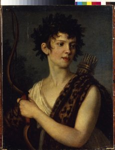 女優でバレリーナのエフゲニア・コロソワ (1782-1869) の肖像画。 (女優でバレエ ダンサーの E. Kolosova の肖像)。 弓を持ち、矢で満たされた矢筒を持ち、オークの葉で冠をかぶり、ヒョウの皮をまとって描かれています。 ペイ 作： Alexander Grigoryevich Vanek