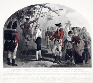 ネイサン・ヘイル大尉の最後の言葉」（1858年1858年（手彩色彫刻）。 作： Alexander Hay Ritchie