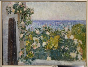 ローマ (イタリア) のバルコニーの花。 Alexander Ivanovich Savinov（1881-1942）による絵画、キャンバスに油彩 作： Alexander Ivanovich Savinov
