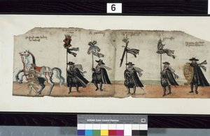 ハントリー侯爵ジョージ1世の葬儀に使用されたとされる「The Huntly Funeral Procession」のディテール 作： Alexander Kincaid