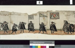 ハントリー侯爵ジョージ1世の葬儀に使用されたとされる「The Huntly Funeral Procession」のディテール 作： Alexander Kincaid