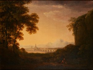 樹木が茂ったイタリアの風景の中の人物（キャンバスに油彩） 作： Alexander Nasmyth