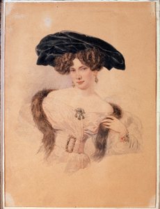 黒いベレー帽をかぶった芸術家エフドキヤ・バクニナ (1793-1882) の肖像画 (黒いベレー帽をかぶった芸術家エフドキヤ・バクニナの肖像画)。 Alexander Pavlovich Briullov (Alexander Briullov) (1798-1877) によるアートワーク。 紙に水彩 作： Alexander Pavlovich Briullov