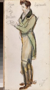 ピョートル チャイコフスキー (1840-1893) によるオペラ「エフゲニー オネーギン」のための若い男性のための準備衣装 (P. チャイコフスキーによるオペラ エフゲニー オネーギンの衣装デザイン) - アレクサンドル ヴァレンティノヴィッチ スレディン (スレディン) の作品 (1872-1934) 、鉛筆、水彩 作： Alexander Sredin