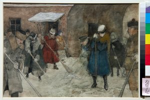 冬の通りで雪を掃く人々 - アレクサンドル・イワノビッチ・ヴァクラメエフ (1874-1926) 作、1921年頃 - 除雪 - 水彩、白色、紙に黒いチョーク、アレクサンドル・イワノビッチ・ヴァクラメエフ (1874-1926)、1921年頃 - 21.4x29 .5cm - セント 作： Alexander Vakhrameyev