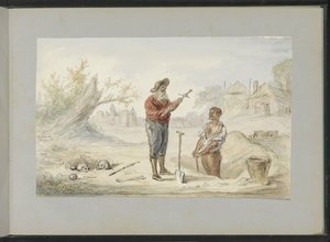 古代の戦場で剣を掘り起こす男