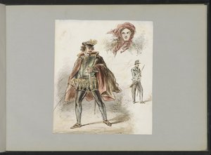 歴史的な衣装を着た男性、スカーフをかぶった女性、兵士 作： Alexander Ver Huell