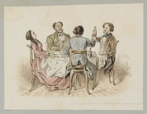 テーブルで乾杯を提案する 4 人の人物 作： Alexander Ver Huell