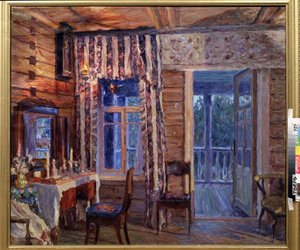 アイコンランプのあるインテリア。 Alexander Viktorovich Moravov（Alexander Victor）（1878-1951）による絵画、キャンバスに油彩 作： Alexander Viktorovich Moravov