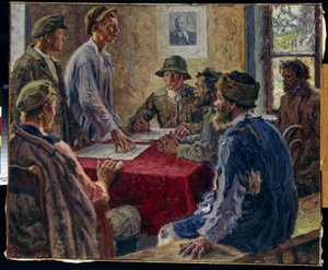 1918 年の貧農委員会の会合 (1918 年の貧農委員会の会議)。 Alexander Viktorovich Moravov（Alexander Victor）（1878-1951）による絵画、キャンバスに油彩 作： Alexander Viktorovich Moravov