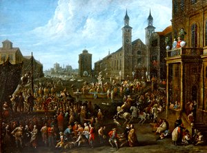 大道芸人などが登場する市場の風景（油彩・キャンバス） 作： Alexander van Bredael