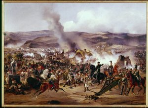 ナポレオン戦争: 1813 年 8 月 30 日、ボヘミア (チェコ共和国) でのクルムの戦い (現在のクルムの戦い)。ドイツ軍の戦役中、プロイセン、オーストリア、ロシア軍の連合軍とフランス軍が対立した。 アレクサンダーによる絵画 作： Alexander von Kotzebue