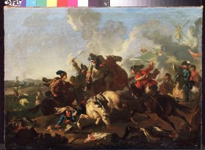ポルタヴァ (またはプルタワ、ウクライナ) の戦いのシーン (ポルタヴァの戦いのシーン)。 1709 年 7 月 8 日にロシアのピョートル 1 世 (ル グランとして知られている) の軍隊の間で行われた戦い 作： Alexander von Kotzebue