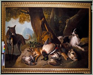 犬と狩猟の風景（油彩・キャンバス） 作： Alexandre Francois Desportes