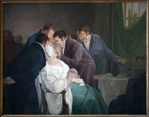 ギヨーム・デュピュイトレン男爵（1777-1835）による白内障の手術。アレクサンドル・ジャン・ドラホネ（アレクサンドル・ジャン・デュボア（1791-1834）のペンネーム）による絵画、木に油彩 作： Alexandre Jean Dubois Drahonet