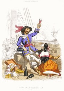 海賊らしくワインと女を嗜むヘンリー・モーガン船長（19世紀半ば）（彩色済みエングレーヴィング 作： Alexandre (after) Debelle