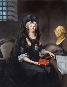 神殿の監獄で喪に服したマリー・アントワネット（1755年～1793年）の肖像（「コンシェルジュのマリー・アントワネット」とも呼ばれる）。カメオ、王太子を描いたペンダントを持ち、スコットランド女王メアリーの命、ルイス16世の胸像、テ 作： Alexandre (after) Kucharski