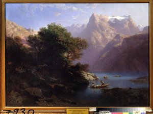 「スイスの湖のある山の風景」（山の湖）アレクサンドル・カラメ（1810-1864）による絵画、1860年地方美術館、タンボフロシア 作： Alexandre Calame