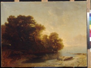 Calame, Alexandre (1810-1864)作「湖の木」。キャンバスに油彩、サイズ：62x81。国立A.プーシキン美術館、モスクワ 作： Alexandre Calame