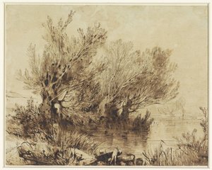 なだらかな地形の湖畔の柳 作： Alexandre Calame