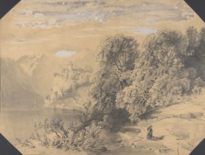 山の湖のほとりで犬を連れた女性、19 世紀初頭から中期。 作： Alexandre Calame