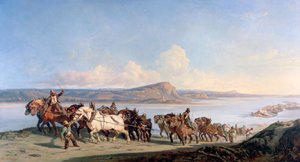 ローヌ川でボートを引っ張る馬の愛着、c1825-1870 作： Alexandre Dubuisson