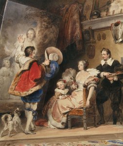 婦人とその小さな娘の肖像を鑑賞する若い男性 作： Alexandre Evariste Fragonard