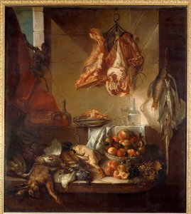 ジビエ、果物、肉などの台所内部の静物画。フランソワ・デスポータス（1661-1743）作 18世紀 シャロン・シュル・マルヌ美術館蔵